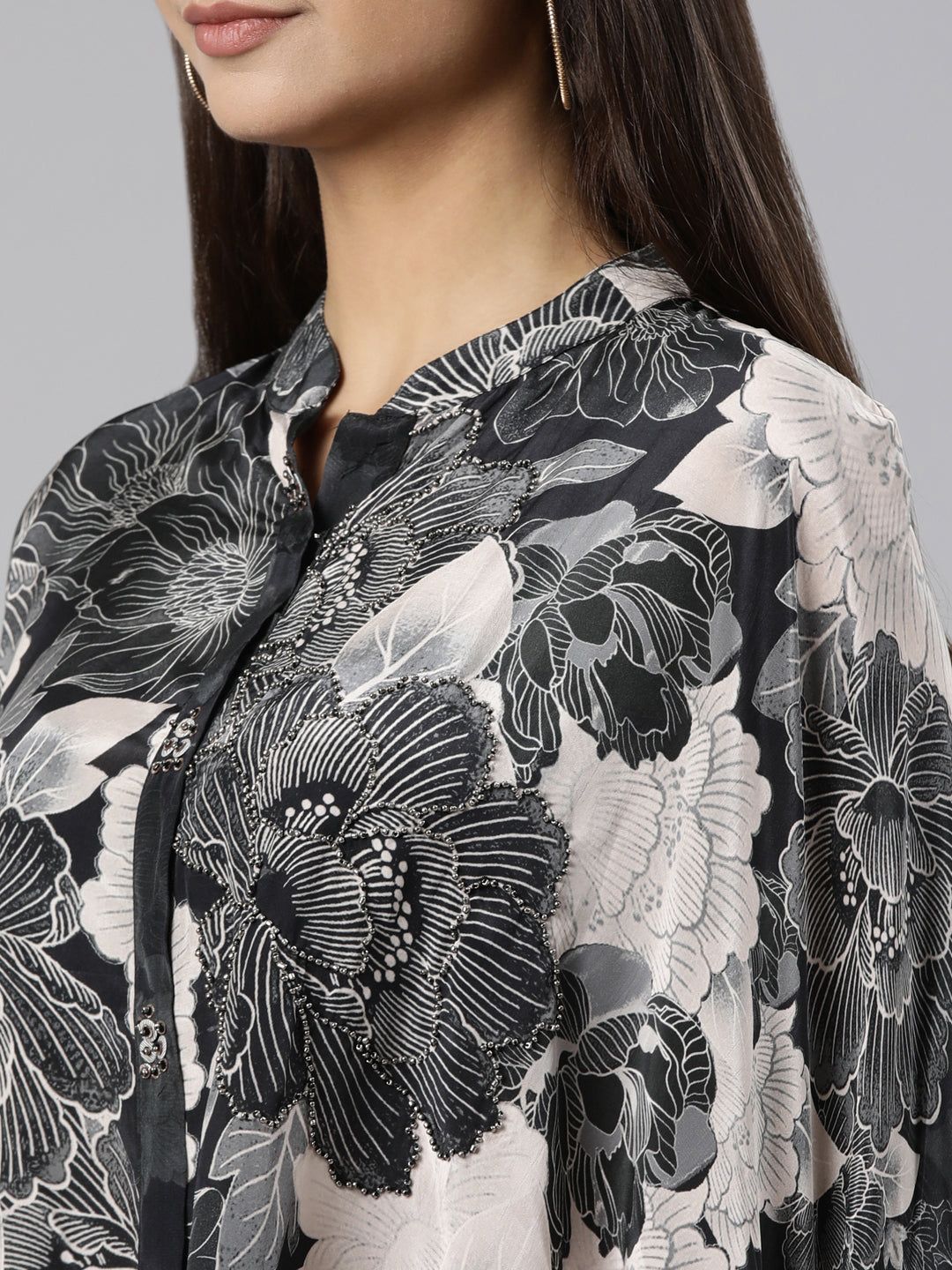 Neeru's Grey Regular High-Low Floral Kaftan Kurta Palazzos