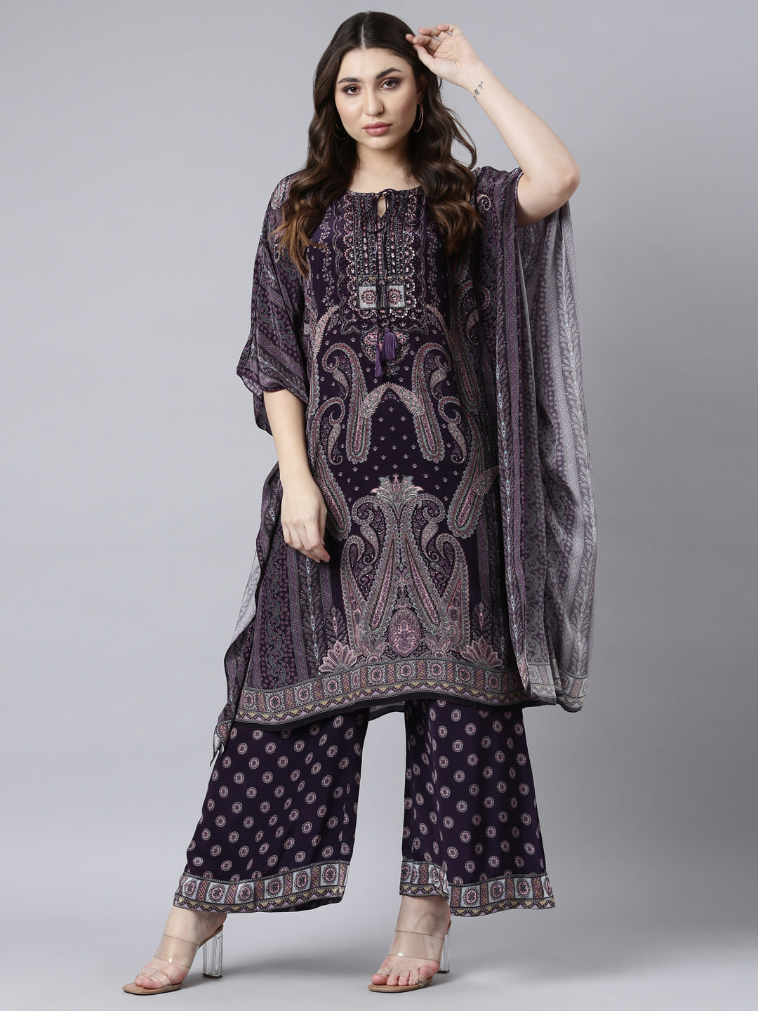 Neerus Purple Regular Straight Paisley Kurta And Palazzos