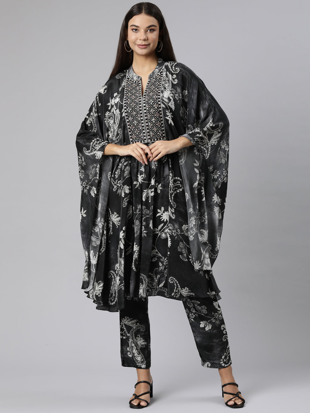 Neeru's Grey Regular High-Low Floral Kaftan Kurta Trousers