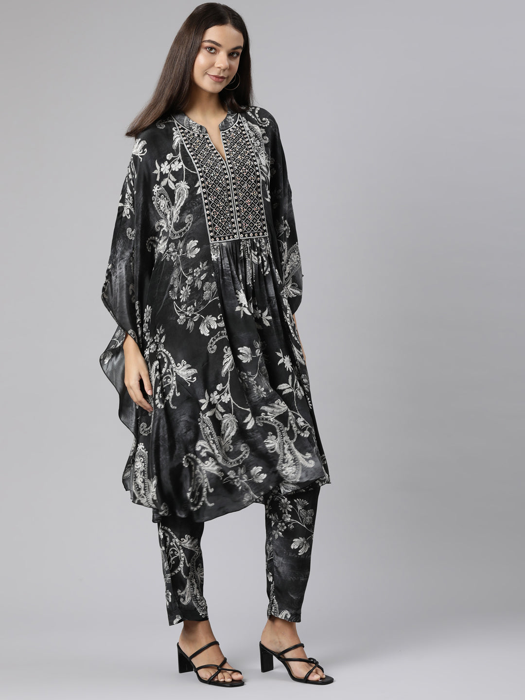 Neeru's Grey Regular High-Low Floral Kaftan Kurta Trousers