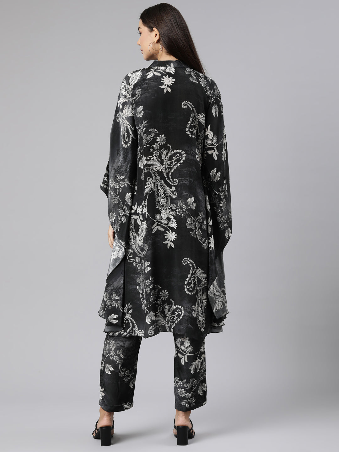 Neeru's Grey Regular High-Low Floral Kaftan Kurta Trousers