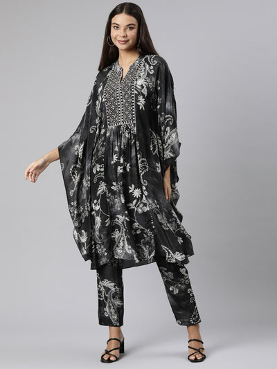 Neeru's Grey Regular High-Low Floral Kaftan Kurta Trousers