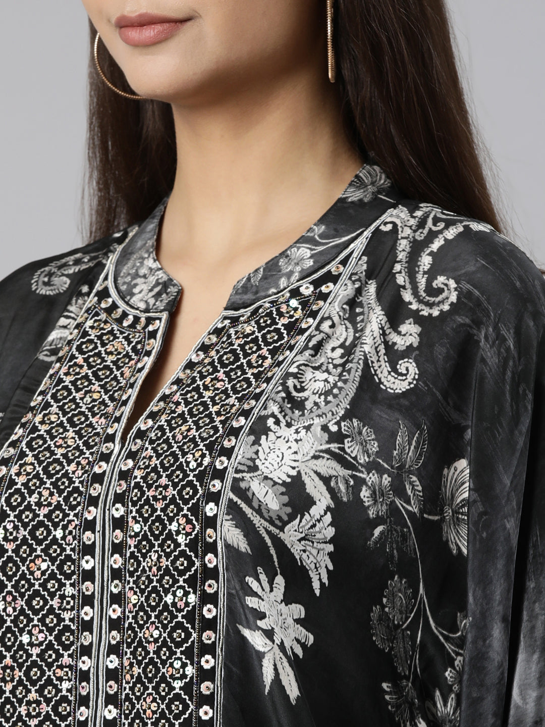 Neeru's Grey Regular High-Low Floral Kaftan Kurta Trousers