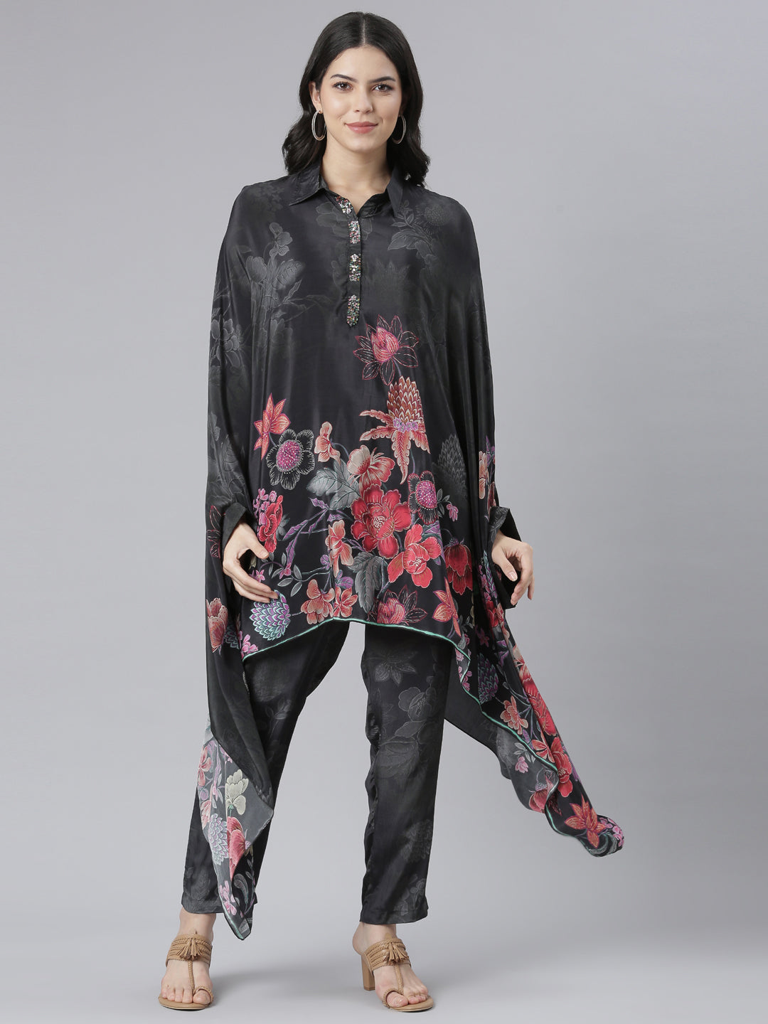 Neeru's Black Regular High-Low Floral Kaftan Kurta Trousers