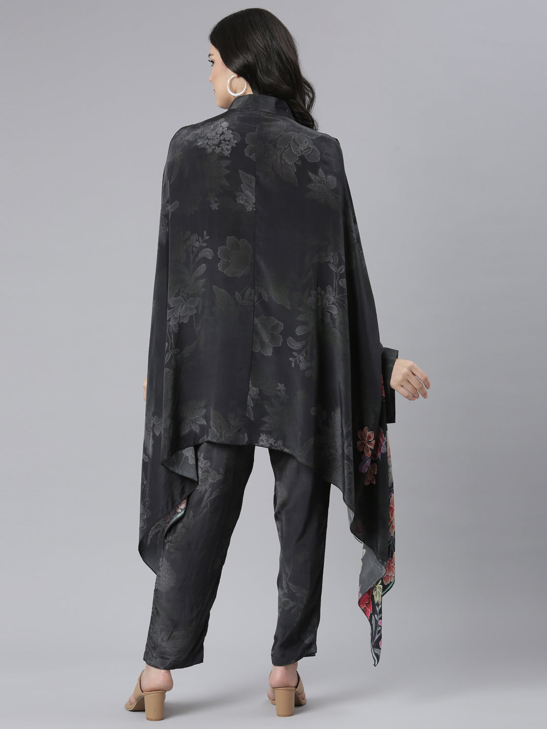 Neeru's Black Regular High-Low Floral Kaftan Kurta Trousers