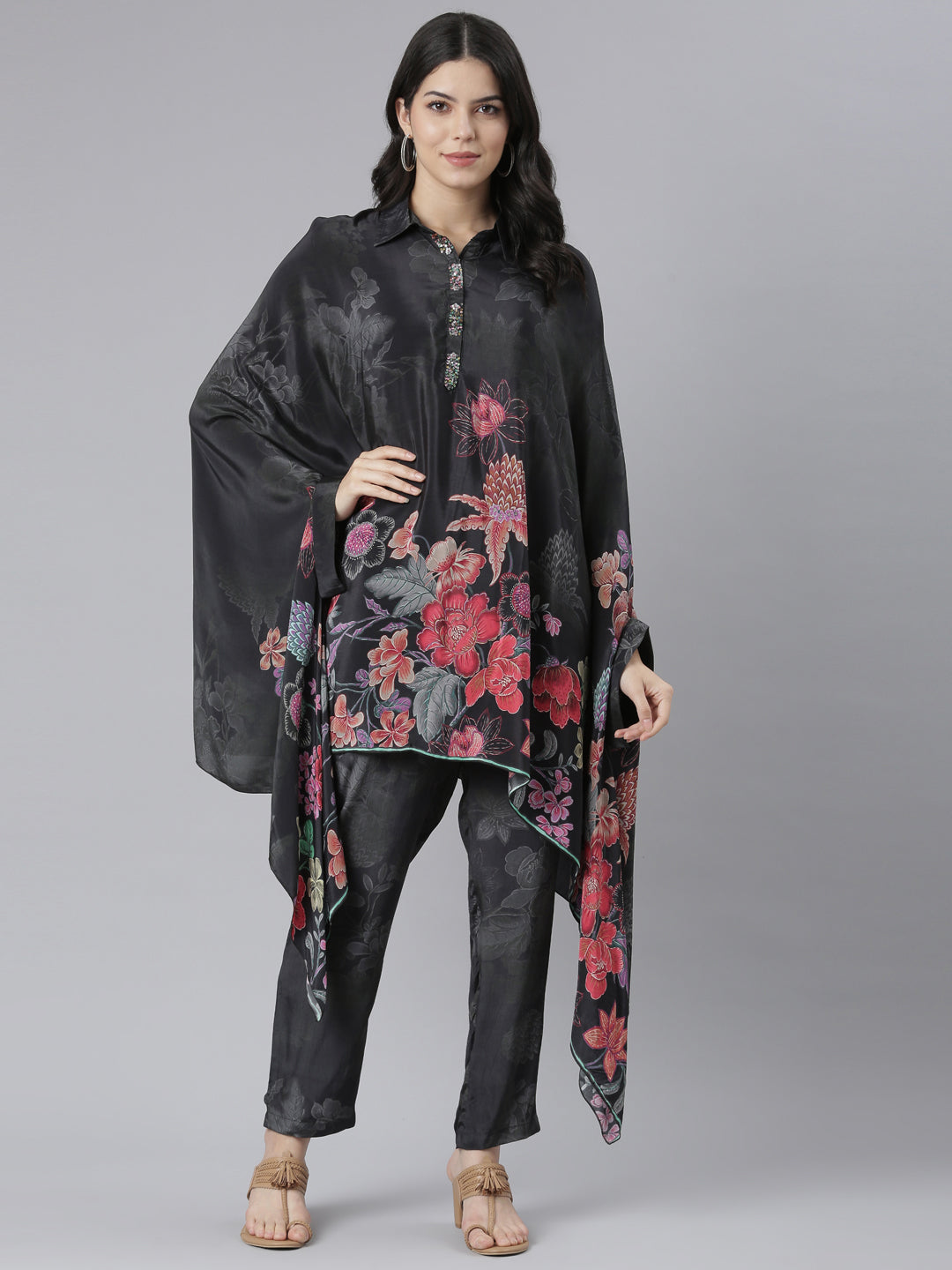 Neeru's Black Regular High-Low Floral Kaftan Kurta Trousers