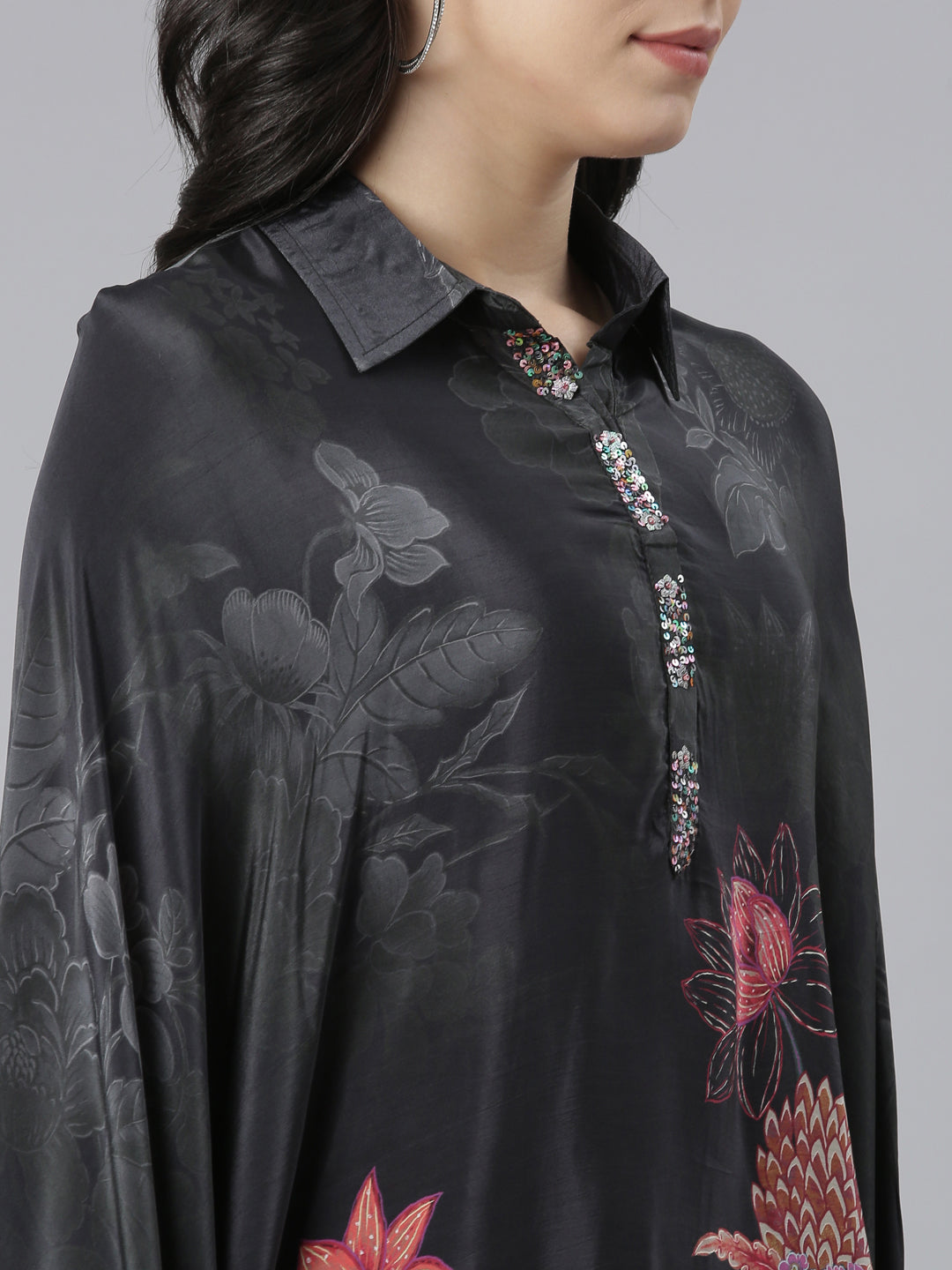 Neeru's Black Regular High-Low Floral Kaftan Kurta Trousers