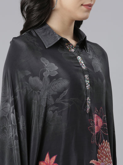 Neeru's Black Regular High-Low Floral Kaftan Kurta Trousers