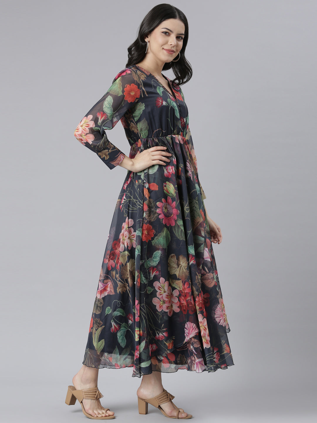 Neeru's Navy Blue Flared Casual Floral Dresses