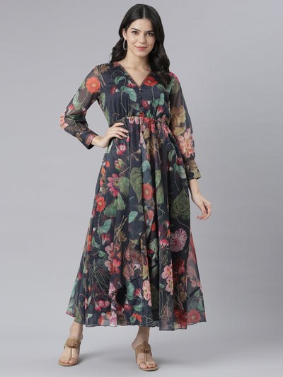 Neeru's Navy Blue Flared Casual Floral Dresses