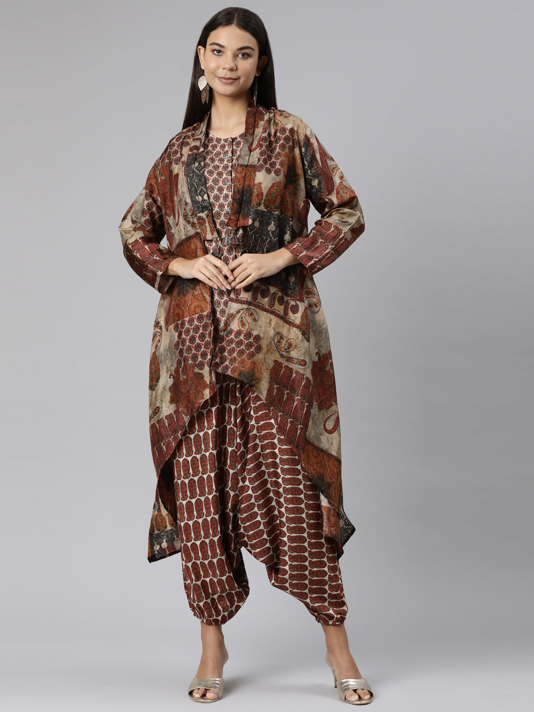 Neeru's Brown Regular Straight Chevron Kurta And Veshti With Jacket