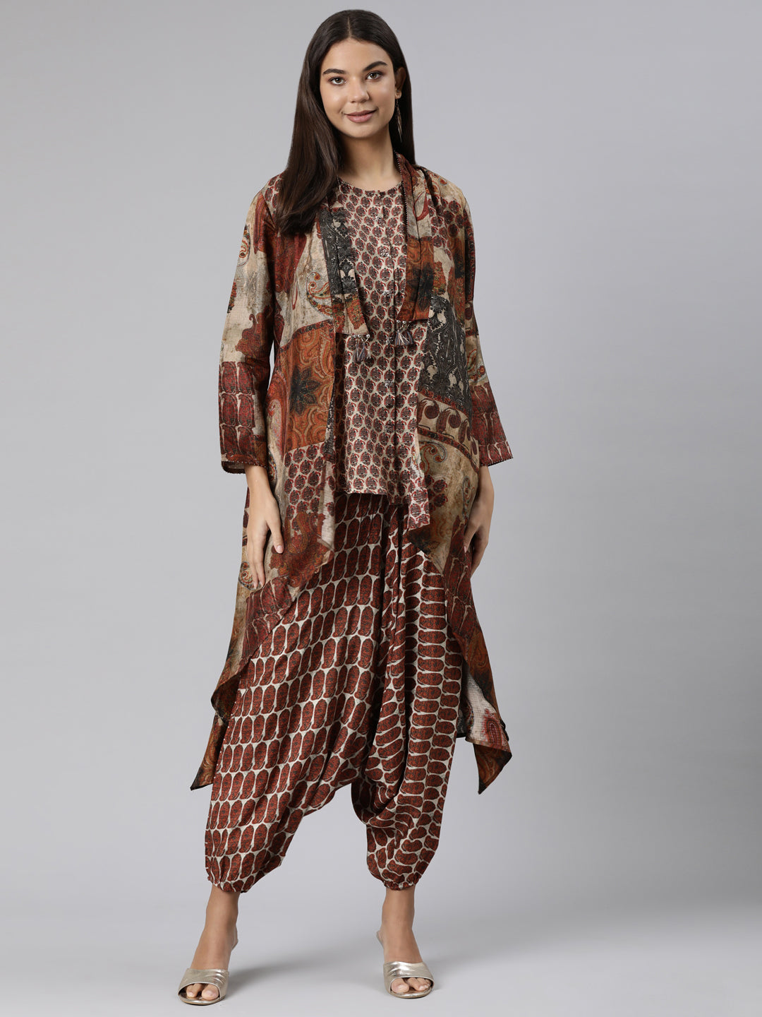 Neeru's Brown Regular Straight Chevron Kurta And Veshti With Jacket