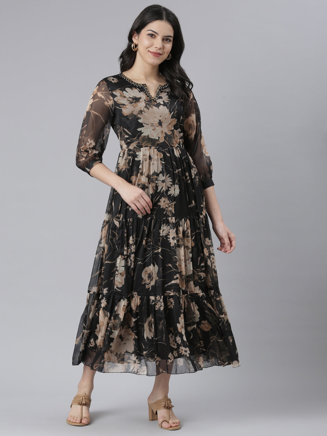 Neeru's Black Flared Casual Floral Dresses