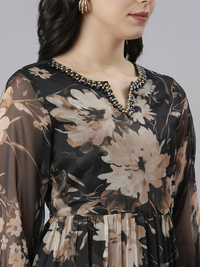 Neeru's Black Flared Casual Floral Dresses