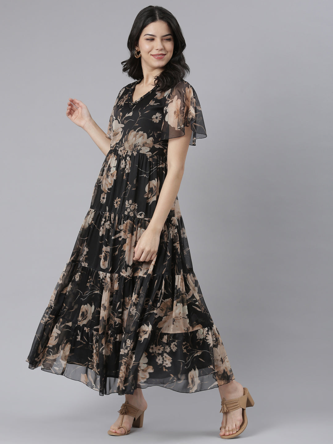 Neeru's Black Flared Casual Floral Dresses