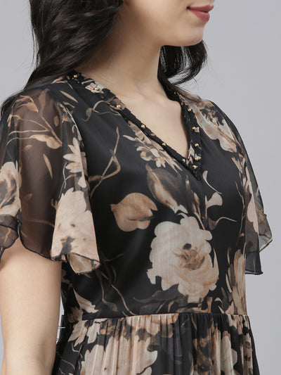 Neeru's Black Flared Casual Floral Dresses