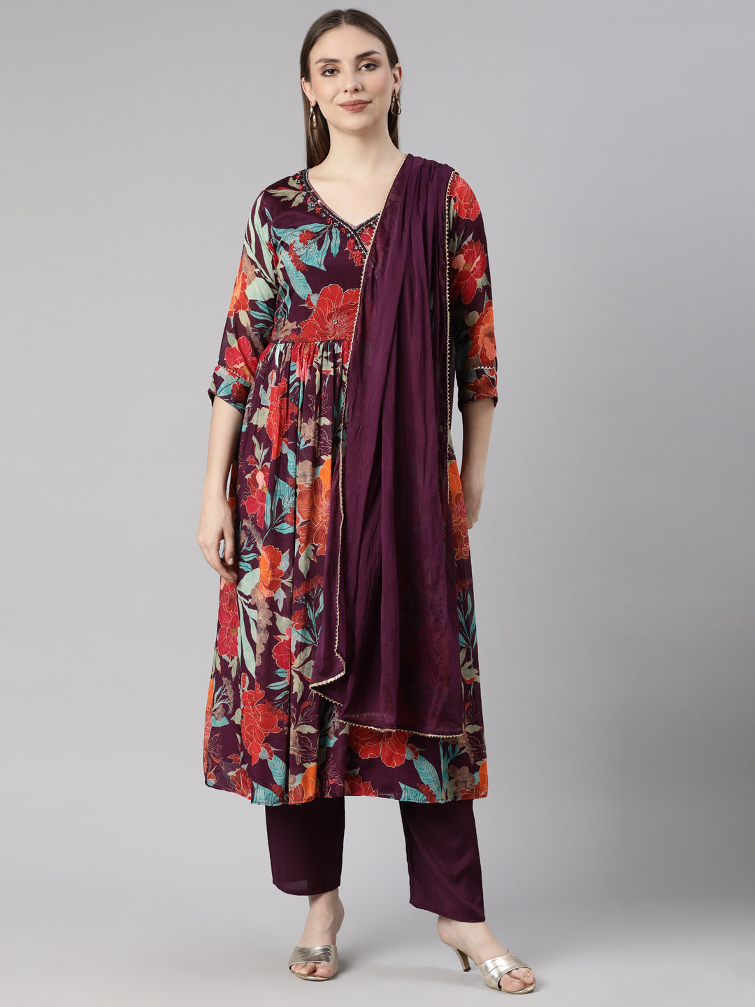 Neerus Purple Regular Straight Floral Kurta And  Trousers With Dupatta