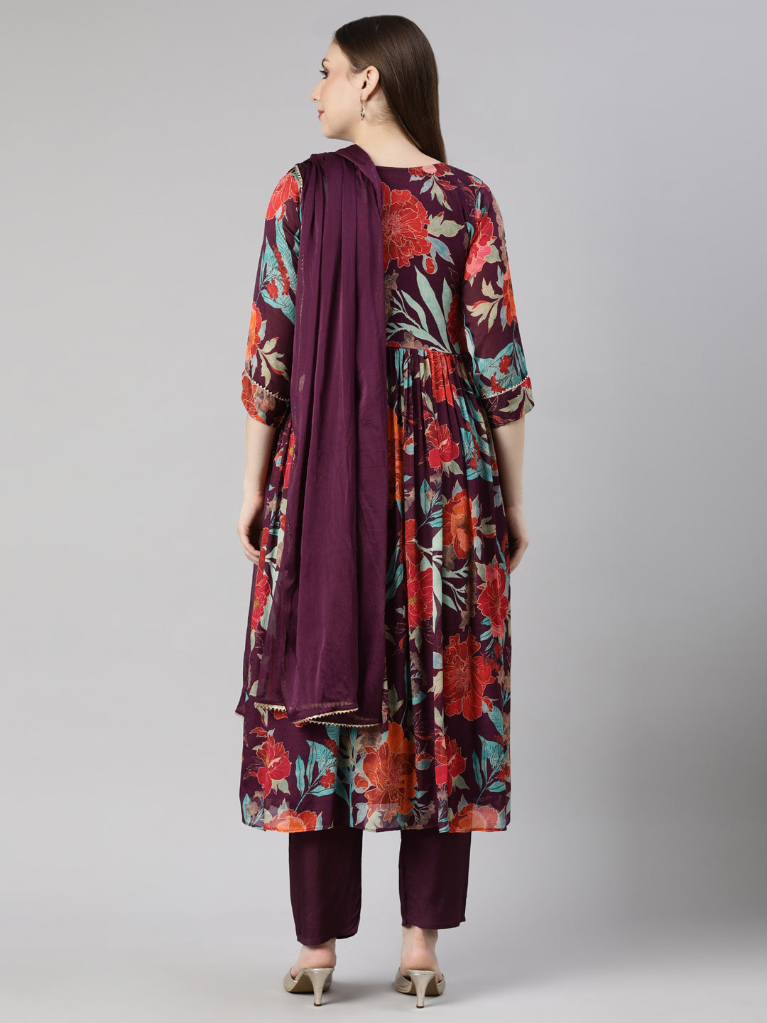 Neerus Purple Regular Straight Floral Kurta And  Trousers With Dupatta