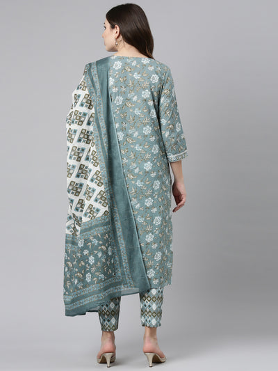 Neeru's Green Regular Straight Printed Kurta And Trousers With Dupatta