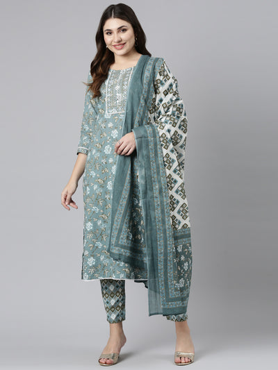 Neeru's Green Regular Straight Printed Kurta And Trousers With Dupatta