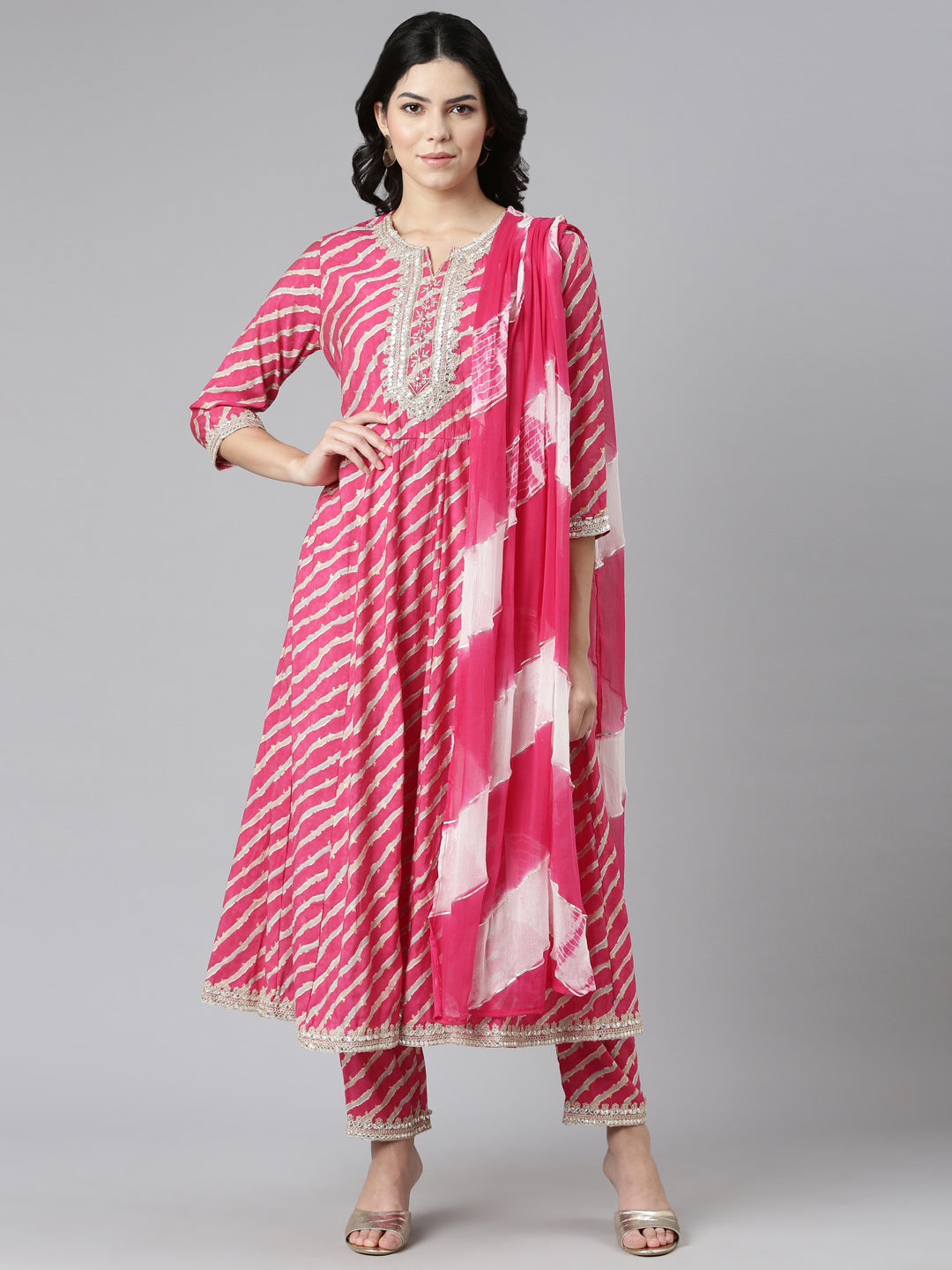 Neeru's Pink Regular Straight Printed Kurta And Trousers With Dupatta