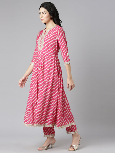 Neeru's Pink Regular Straight Printed Kurta And Trousers With Dupatta