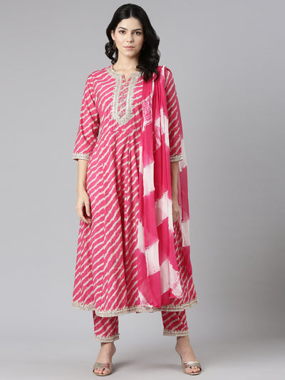 Neeru's Pink Regular Straight Printed Kurta And Trousers With Dupatta