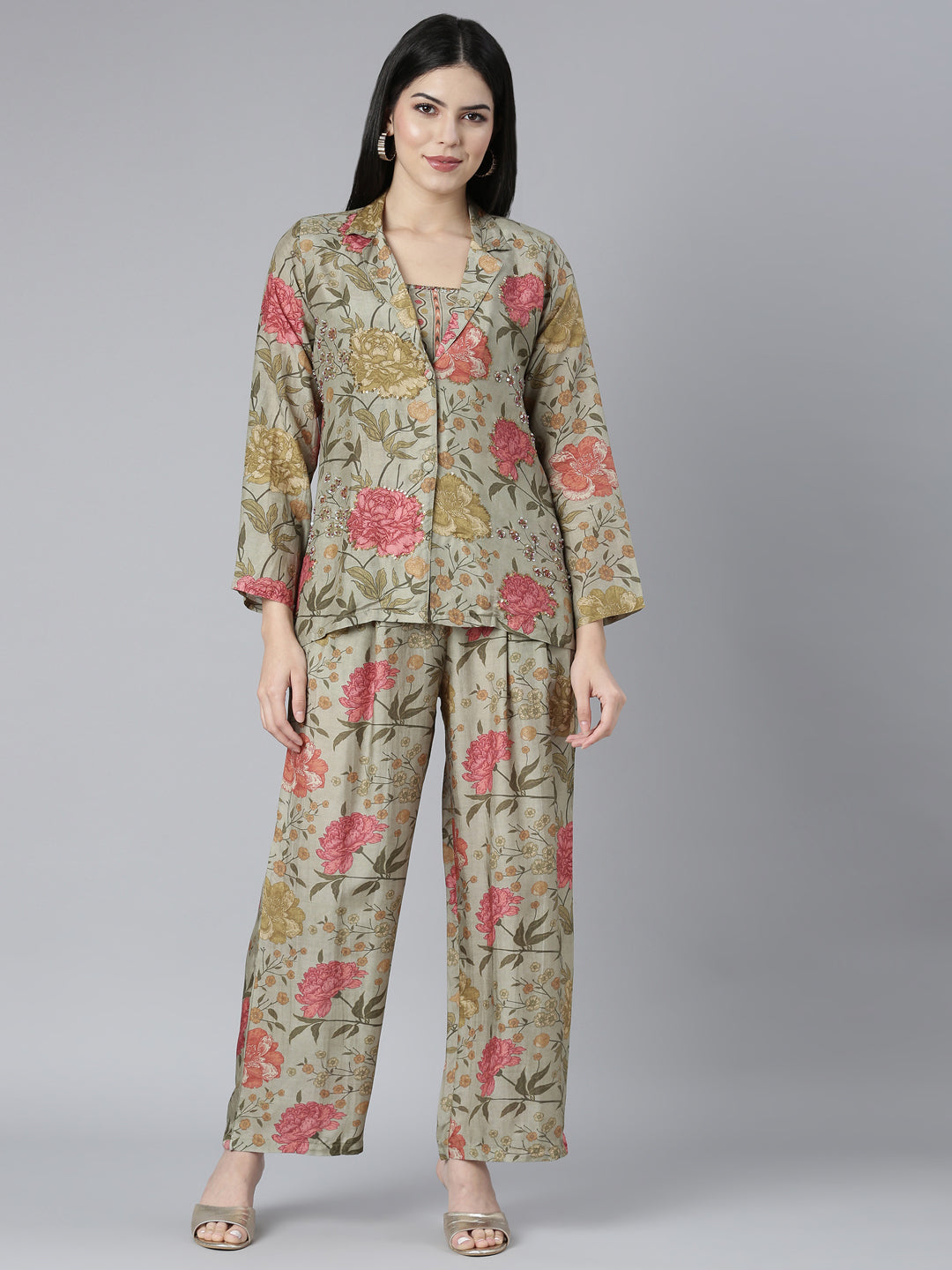 Neerus Green Regular Straight Floral Top And Trousers