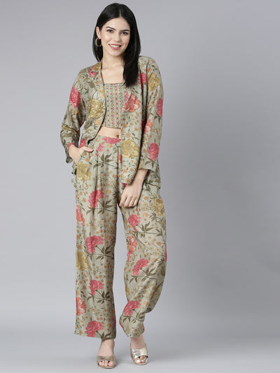 Neerus Green Regular Straight Floral Top And Trousers