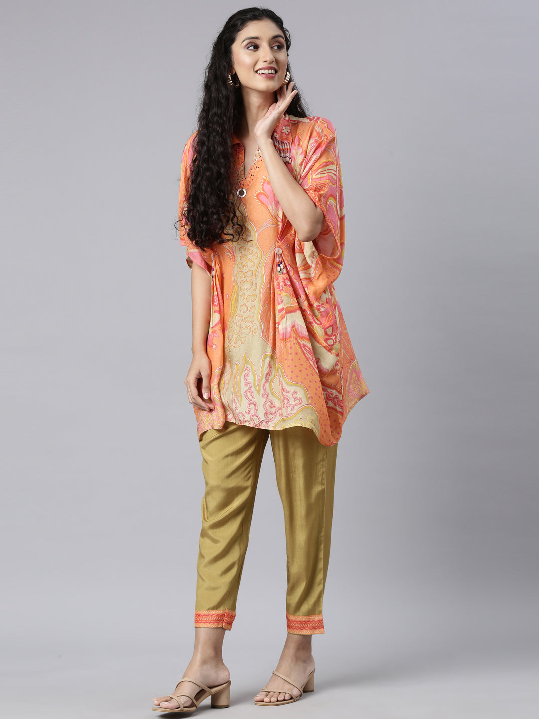 Neerus Peach Regular Straight Kurti and Trousers