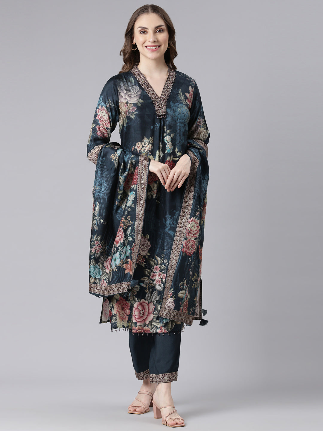 Neerus Blue Chinon Straight Casual Floral Kurta and Trouser with Dupatta