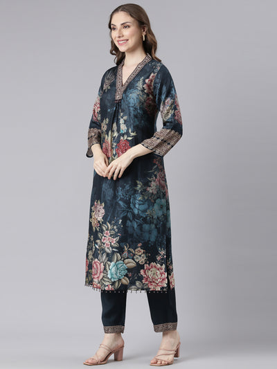 Neerus Blue Chinon Straight Casual Floral Kurta and Trouser with Dupatta