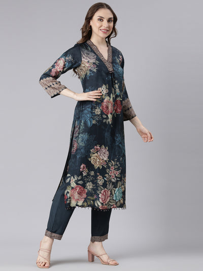 Neerus Blue Chinon Straight Casual Floral Kurta and Trouser with Dupatta