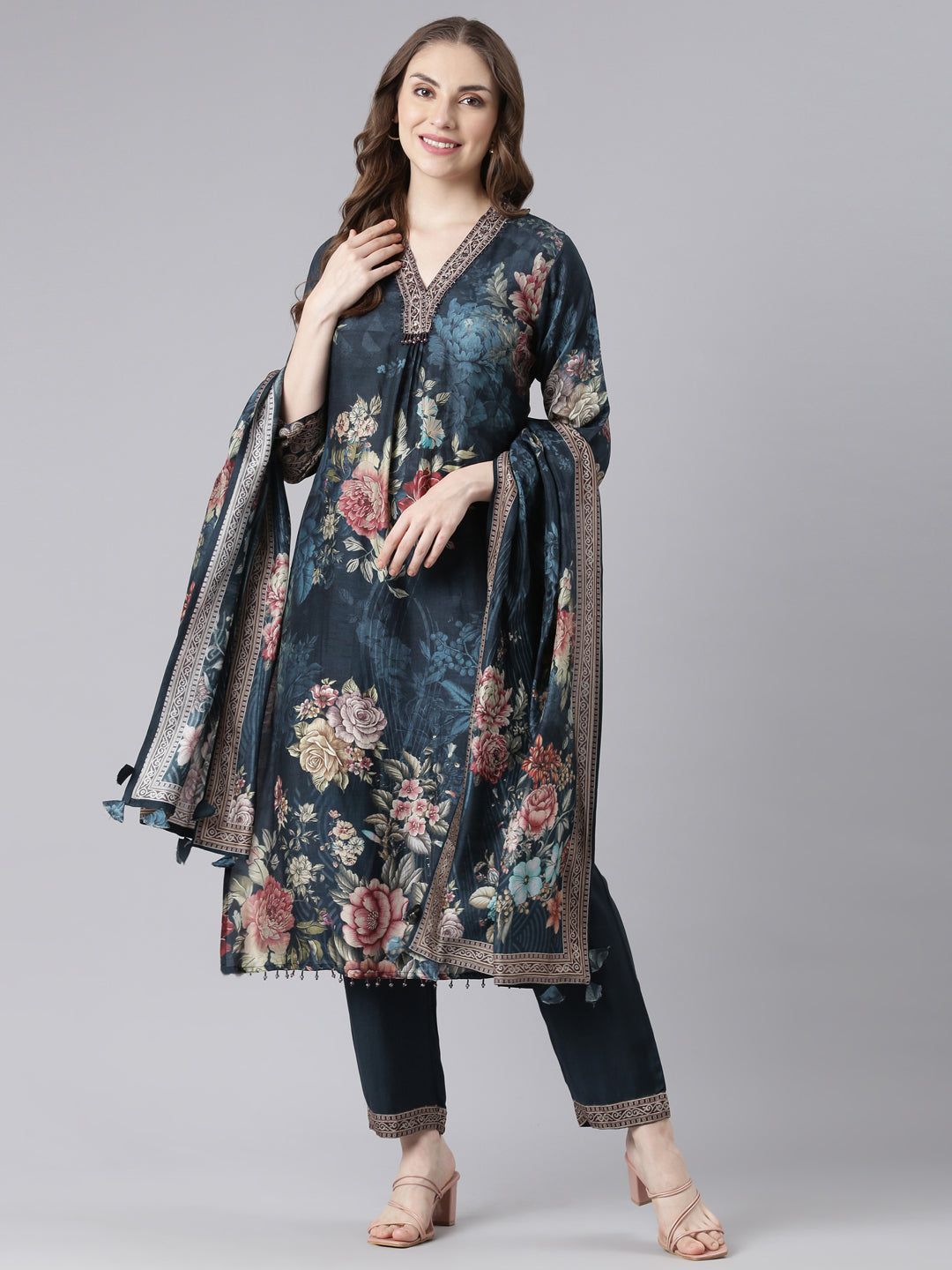 Neerus Blue Chinon Straight Casual Floral Kurta and Trouser with Dupatta