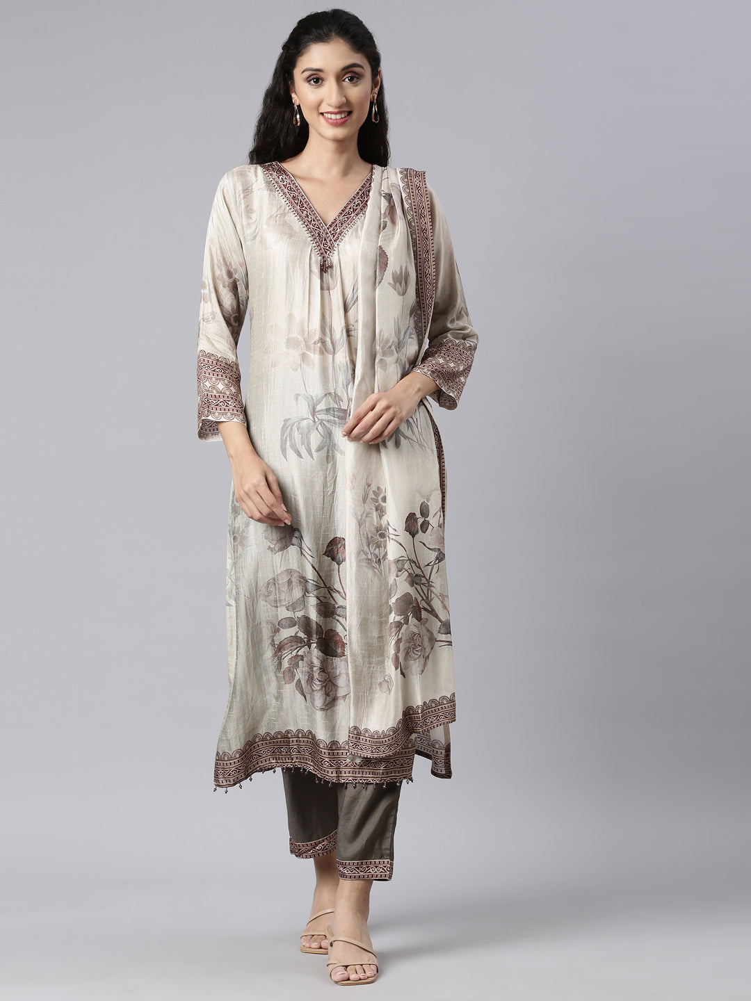 Neerus Gold Panelled Straight Kurta and Trousers With Dupatta