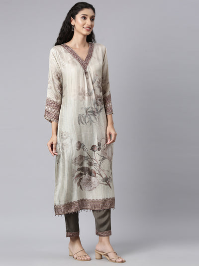 Neerus Gold Panelled Straight Kurta and Trousers With Dupatta