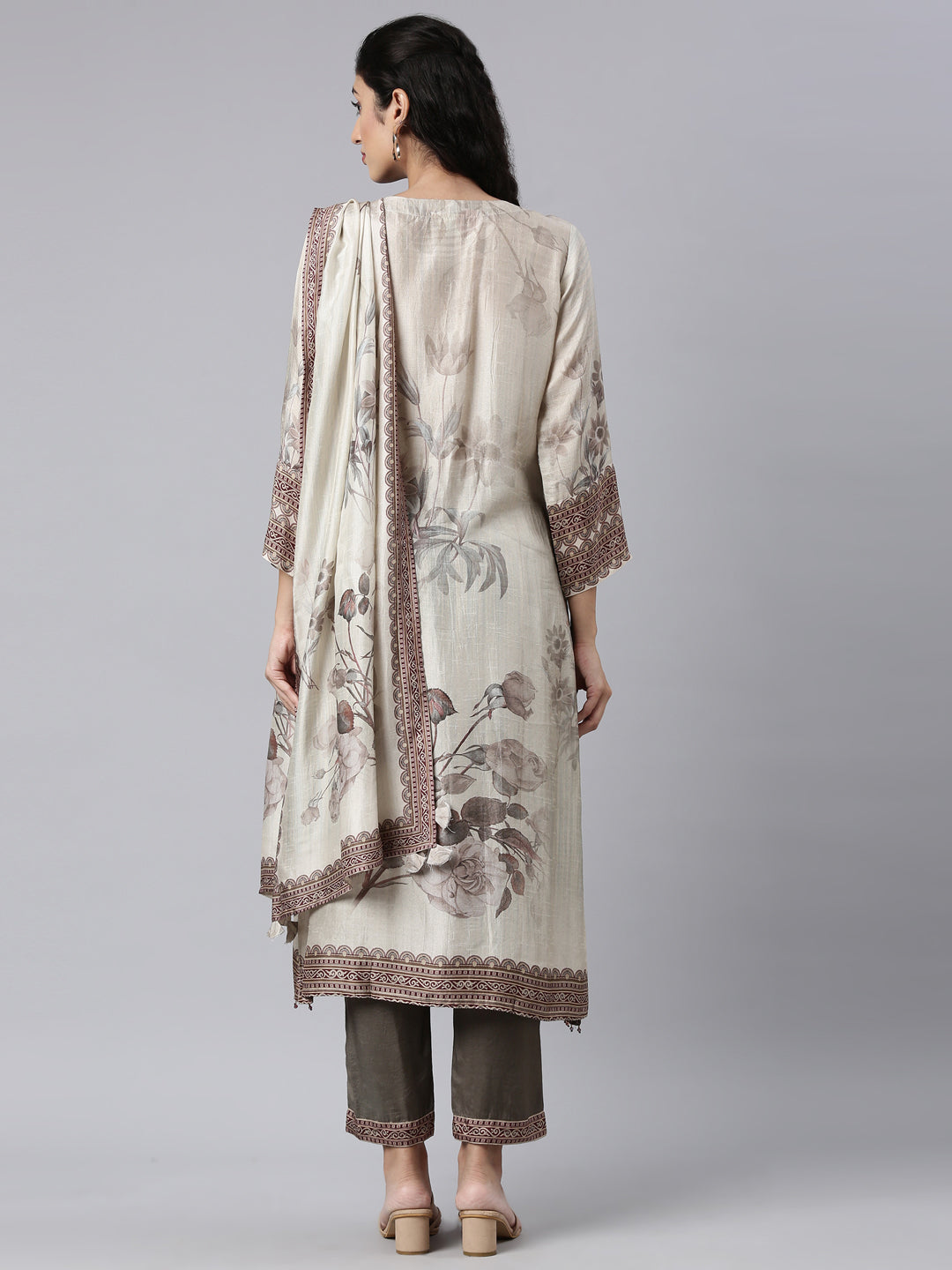 Neerus Gold Panelled Straight Kurta and Trousers With Dupatta