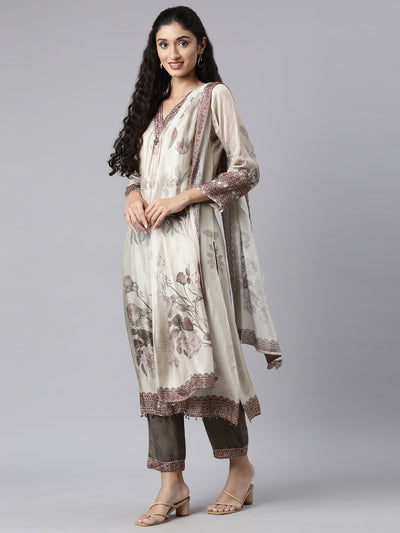 Neerus Gold Panelled Straight Kurta and Trousers With Dupatta