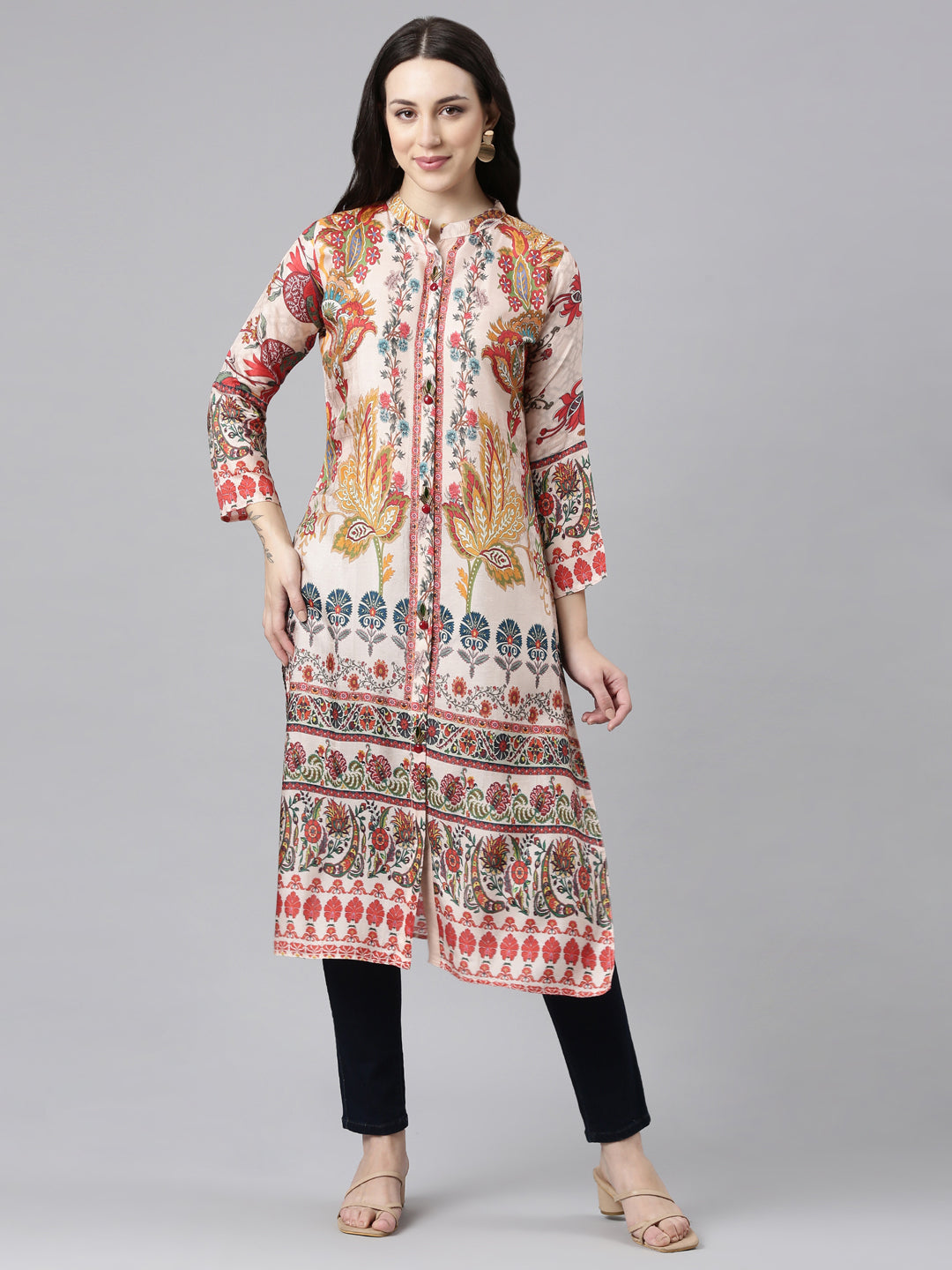 Neerus Pink Straight Casual Floral Kurtas