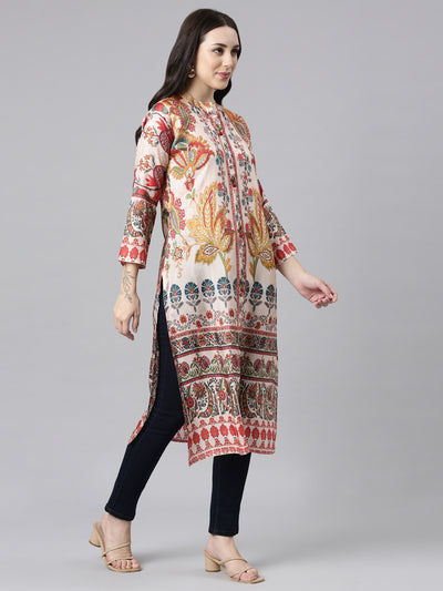 Neerus Pink Straight Casual Floral Kurtas