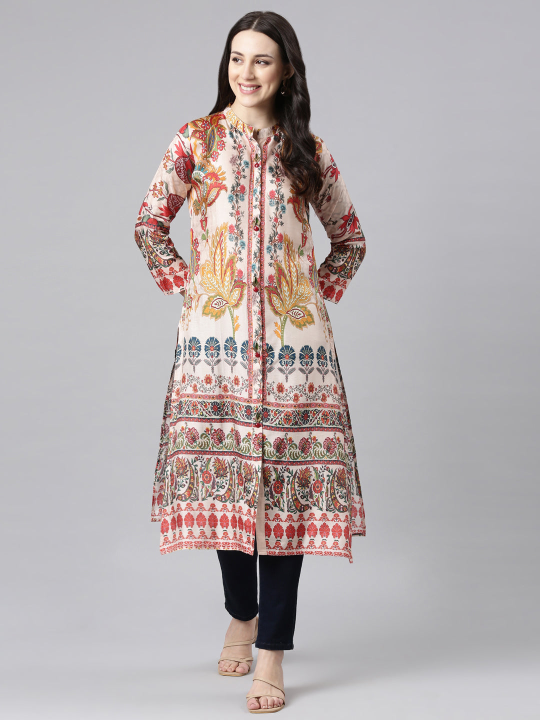 Neerus Pink Straight Casual Floral Kurtas