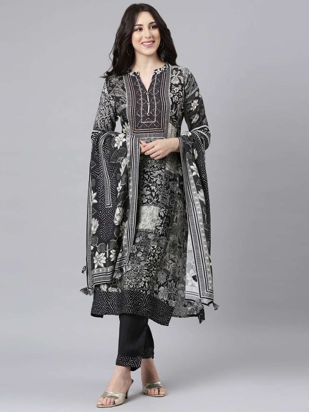 Neerus Black Panelled Straight Kurta and Trousers With Dupatta