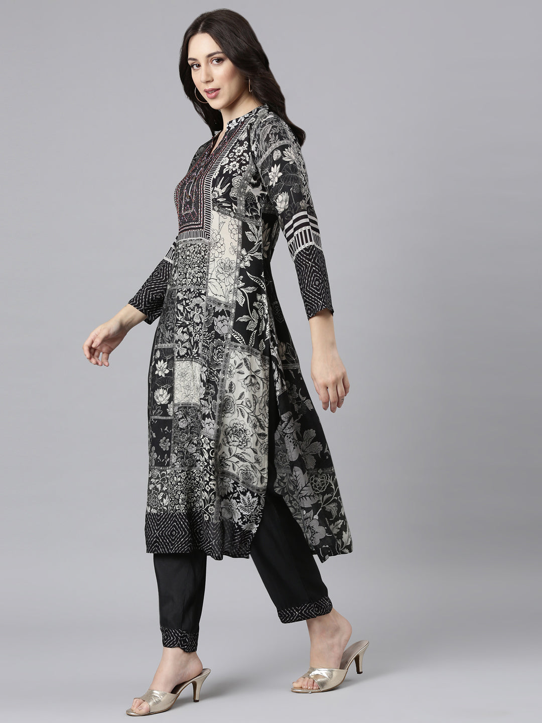 Neerus Black Panelled Straight Kurta and Trousers With Dupatta