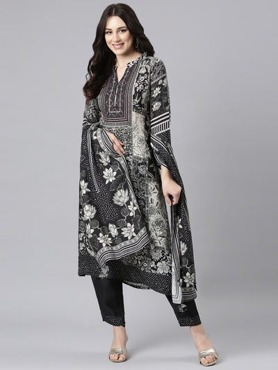 Neerus Black Panelled Straight Kurta and Trousers With Dupatta