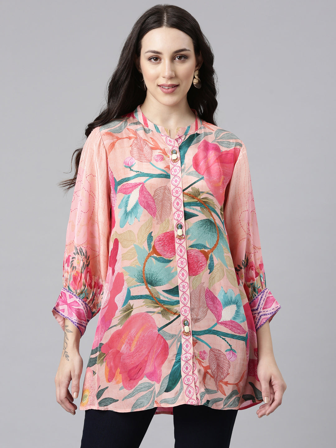 Neerus Pink High-Low Casual Printed Straight Kurtis