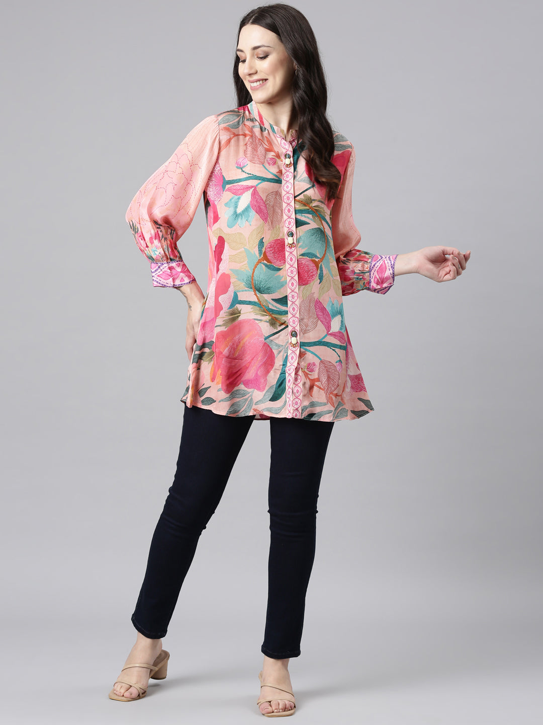 Neerus Pink High-Low Casual Printed Straight Kurtis