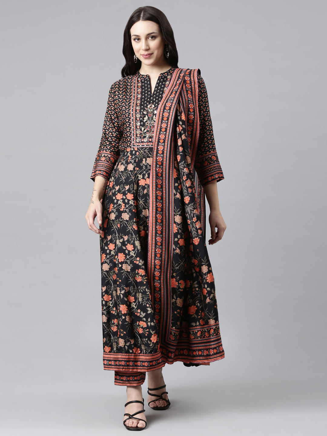 Neerus Black Regular Anarkali Kurta and Trousers With Dupatta