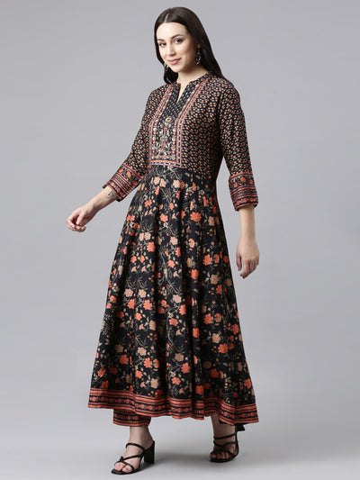 Neerus Black Regular Anarkali Kurta and Trousers With Dupatta