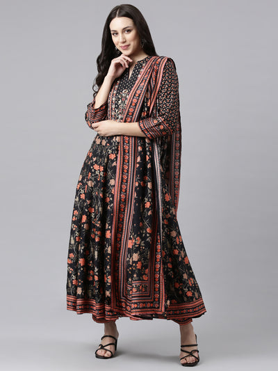 Neerus Black Regular Anarkali Kurta and Trousers With Dupatta