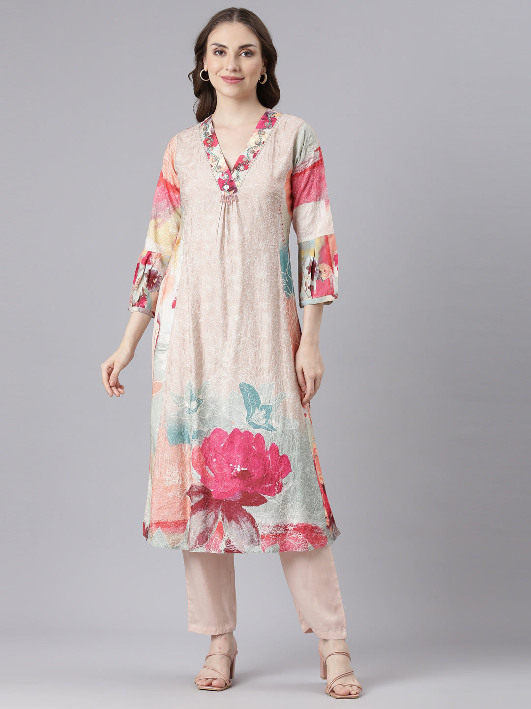 Neerus Multi Chinon Straight Casual Floral Kurta Sets